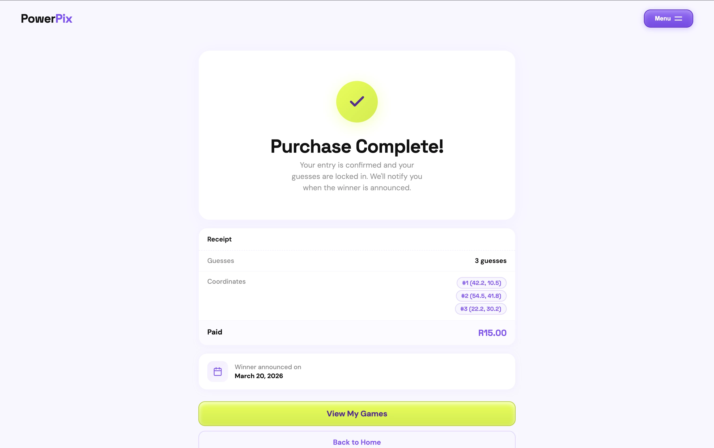 Purchase confirmation screen